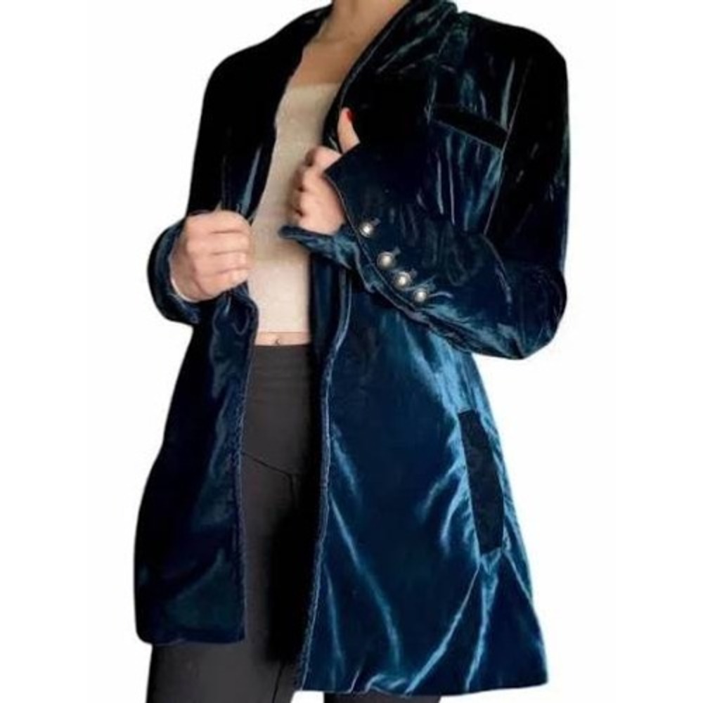 Free People Velvet Blazer Large Teal Blue Open Front Shawl Collar Jacket